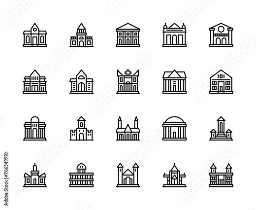 Building and structures vector linear icons set. Buildings icons of castle, dacha, villa, bank, library and more.
