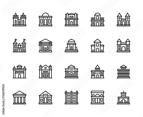Building and structures vector linear icons set. Buildings icons of church, house, office building, skyscraper and more.