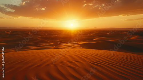 A breathtaking desert scenery at sunset  where the sun casts radiant rays of light across the sandy landscape