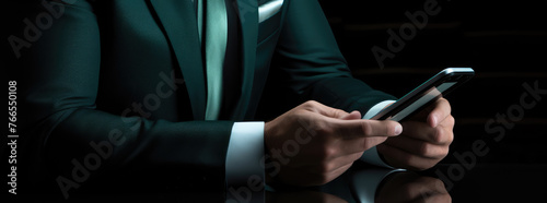 Businessman in an elegant suit holding a smartphone in his hands