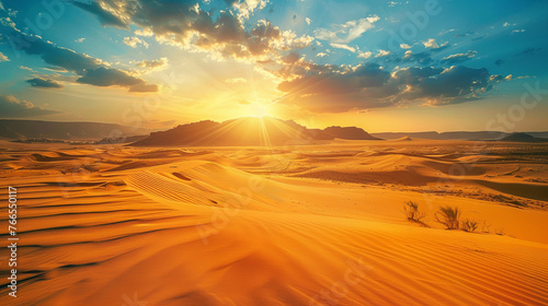 A breathtaking desert landscape at dawn, with the sun casting rays of light across the sandy terrain