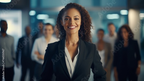 A woman in a business suit is smiling
