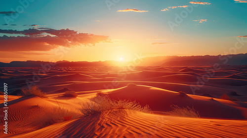 Beautiful sand desert at sunset with sun rays