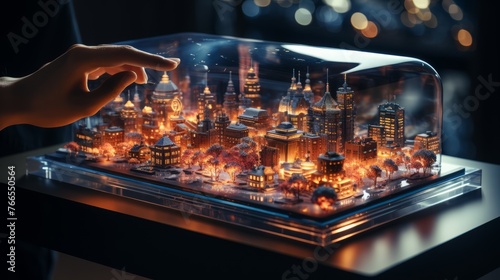 A person is touching a screen with a city view on it