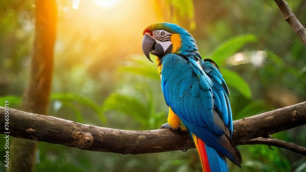 Beautiful Macaw Parrot sitting on the branch, with amazon rainforest a during sunrise Beautiful Macaw Parrot sitting on the branch, with amazon rainforest a during sunrise