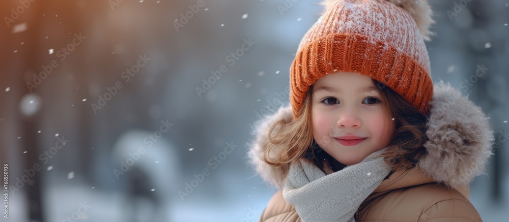 A young girl dressed in a warm winter coat and hat, ready for the cold weather, standing outdoors A young girl dressed in a warm winter coat and hat, ready for the cold weather, standing outdoors