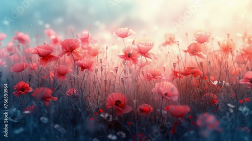 Field of Red Flowers on Foggy Day
