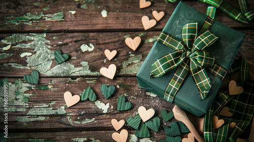 A festive green gift box tied with a plaid bow, accompanied by scattered wooden heart cutouts on a rustic wooden backdrop.
