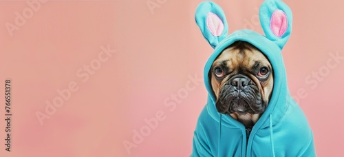 A cute French Bulldog dog in an Easter bunny costume