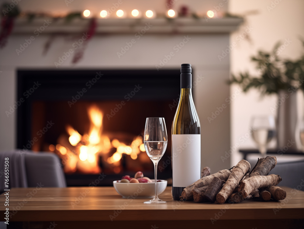 Wine Glasses and Bottle of white Wine  on background of Fireplace in Cosy  Scandinavian Interior