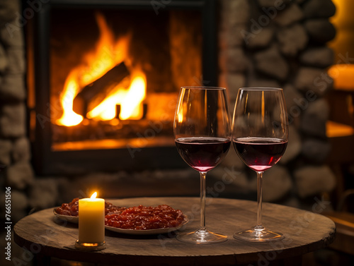 Wine Glasses on background of Cosy Fireplace in the evening
