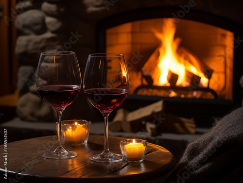 Wine Glasses in interior with Cosy Fireplace