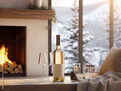 Wine Glasses on background of Cosy Winter Fireplace
