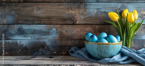Easter background with yellow tulips and blue eggs in a bowl #766551565