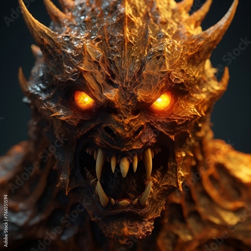 The bad monster angry face, fire devil close-up