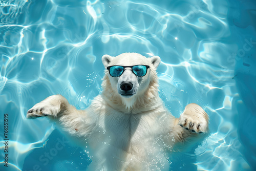 A polar bear wearing sunglasses floats leisurely in clear blue water