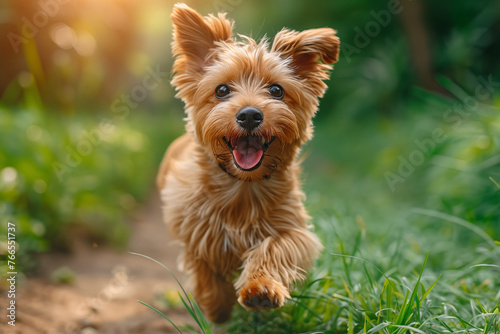 Shih Tzu dog runs happily and friendly to his master, green spring grass background