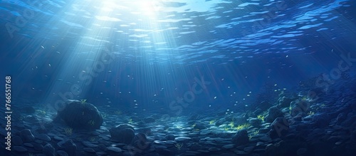 Light from the sun filters down through the water, illuminating a rocky seabed in a serene underwater scene