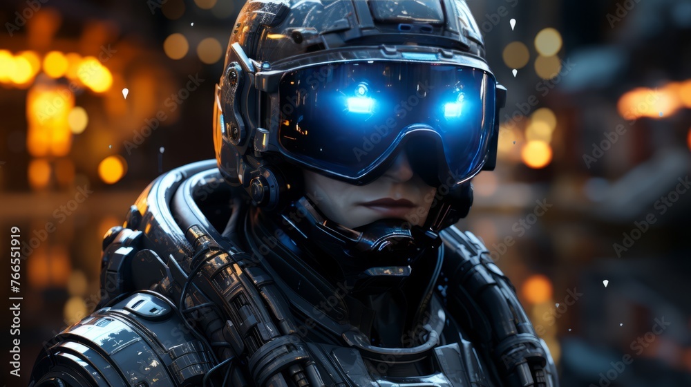 A woman in a space suit with a blue helmet and goggles A woman in a space suit with a blue helmet and goggles