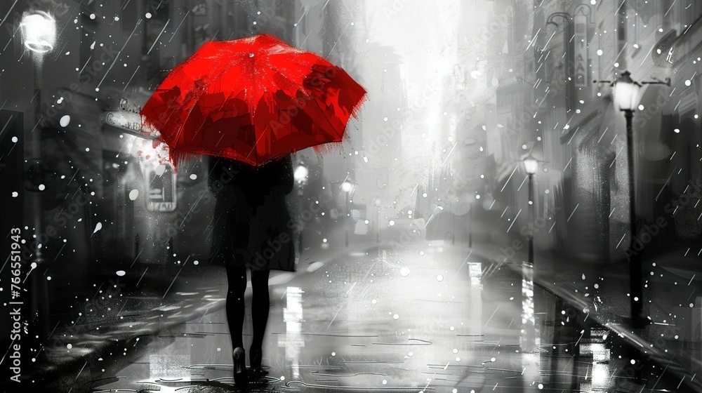 woman walking down the street with a red umbrella, ultra-fine detailed painting