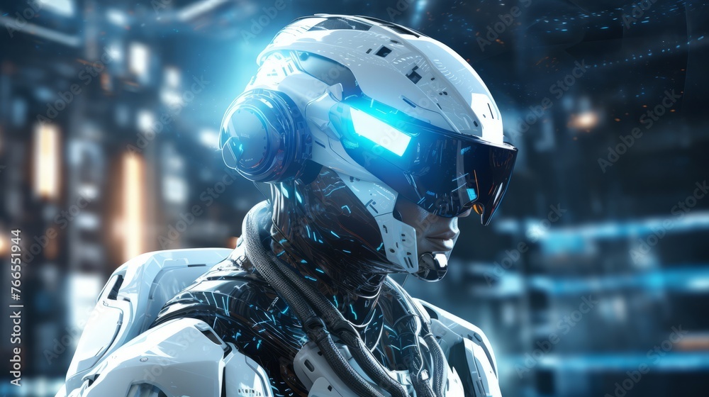 A woman in a futuristic outfit with a virtual reality headset on her head A woman in a futuristic outfit with a virtual reality headset on her head