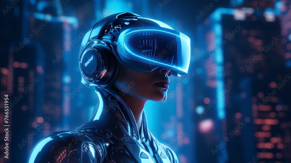 A woman in a futuristic outfit with a virtual reality headset on her head