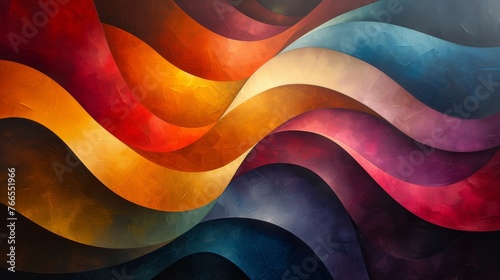 A dynamic abstract composition with bold wavy patterns in a spectrum of warm and cool hues, ideal for modern creative backgrounds.