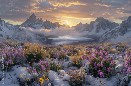 Bello paisaje de montaña nevado con flores y niebla, sobre fondo de montañas con puesta de sol entre nubes grises sobre las cimas montañosas

