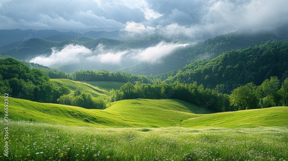 Grassy Field With Mountains