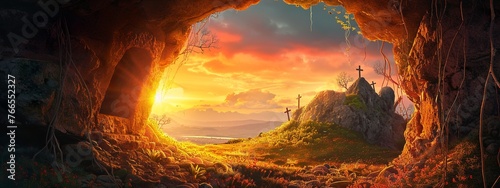 Jesus' resurrection at Easter, A dramatic scene of the empty tomb with an open stone door,
