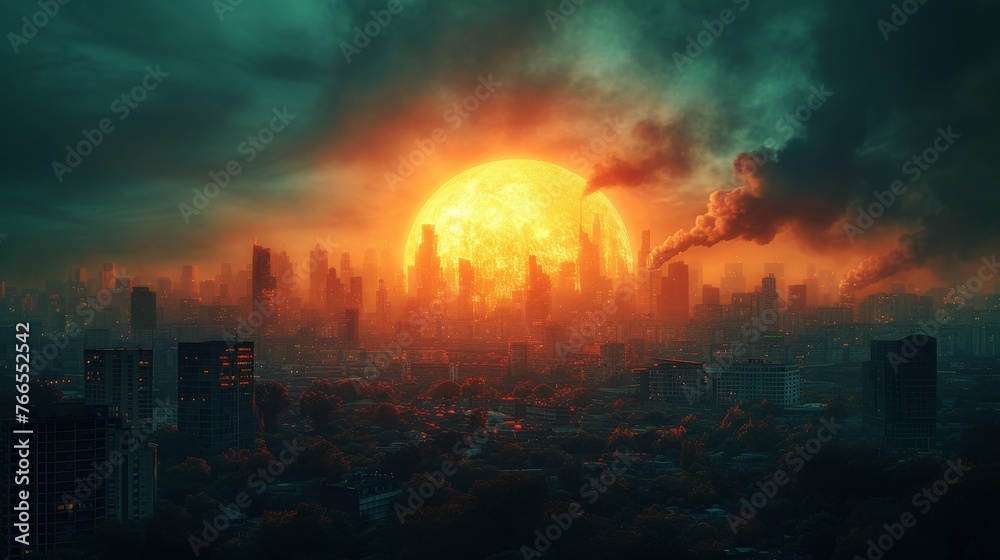 A dramatic vision of a cityscape under a massive sun, with an apocalyptic blend of orange tones and silhouetted structures.
