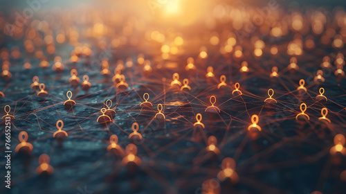 Warm sunset hues bathe a vast network of connected pins, illustrating a concept of global connectivity and networked communication