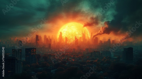 A dramatic vision of a cityscape under a massive sun, with an apocalyptic blend of orange tones and silhouetted structures.