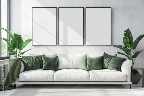 3 pice wall art mockup. 3 black empty poster frames on a wall in a white and green room interior. 3 piece gallery wall mockup. photo