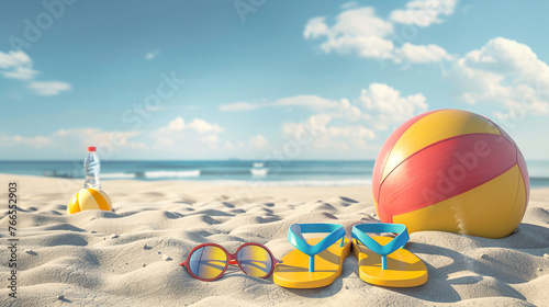 Photo of colorful beach ball and beach slippers lying on the sand. Summer vacation concept at sea
