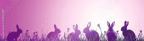 Easter themed, Bunnies and Bunnyails Silhouettes on narrow grass border along the bottom of an Easter gradient background with copy space