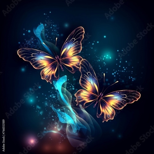 Night glowing butterflies on dark abstract background