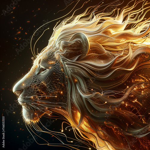 Lion with fractal mane, dynamic 3D design,