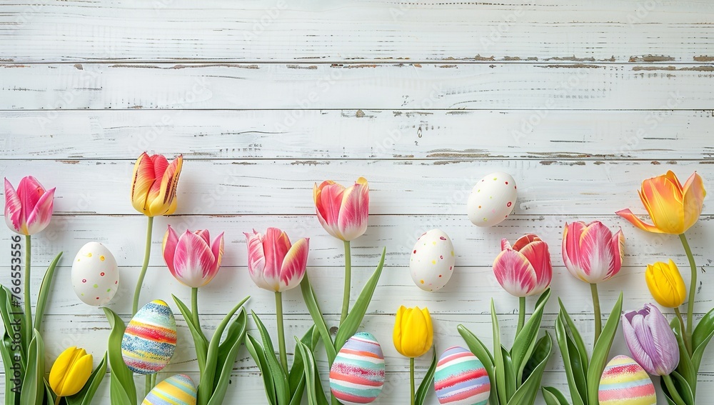 easter tulips and striped eggs border on wood background, empty space in the middle - obrazy, fototapety, plakaty 