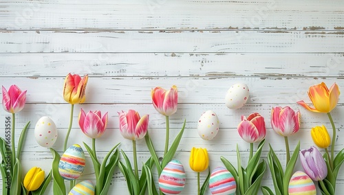 easter tulips and striped eggs border on wood background, empty space in the middle #766553556