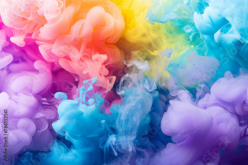 Fondo abstracto con humo de diferentes colores formando figuras geométricas en colores azules, violetas, amarillos y rosas