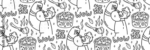 Meat dumplings outline seamless pattern. Background with National dishes Pelmeni sour cream, parsley