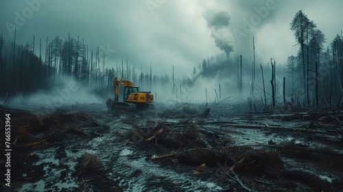 Dramatic scene depicting a lone excavator among the foggy remnants of a deforested area, evoking environmental concerns
