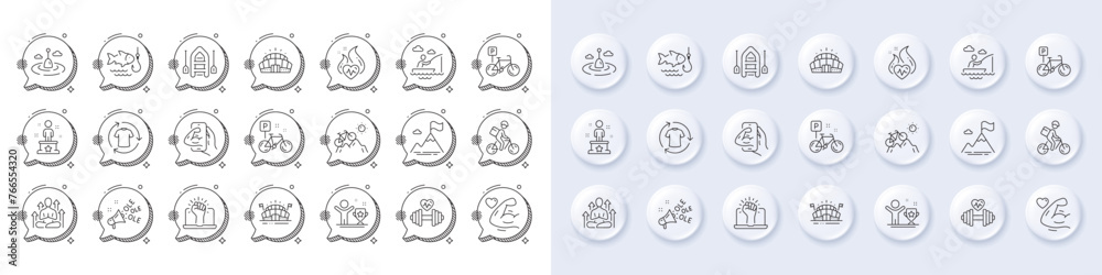 Delivery bike, Dumbbell and Boat line icons. White pin 3d buttons, chat bubbles icons. Pack of Success, Arena stadium, Strong arm icon. Bicycle parking, Boat fishing, Yoga pictogram. Vector Delivery bike, Dumbbell and Boat line icons. White pin 3d buttons, chat bubbles icons. Pack of Success, Arena stadium, Strong arm icon. Bicycle parking, Boat fishing, Yoga pictogram. Vector