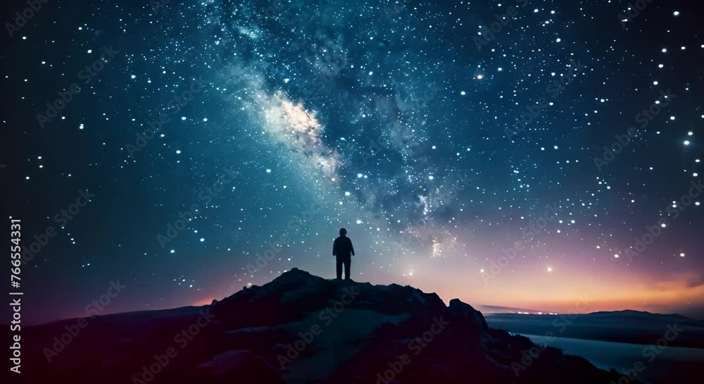 man standing on the mountain at night with starry sky and milky way.