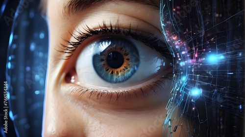 Modern woman's eye display Concept of cyberspace, science, background, technology, human vision, digital
