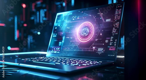 futuristic interpretation of a secure cyber security service concept on a laptop, portrayed in high definition, showcasing advanced digital defense mechanisms
