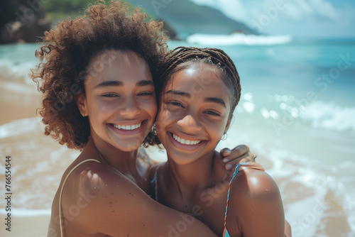 Two Women Hugging on Beach © Dzmitry