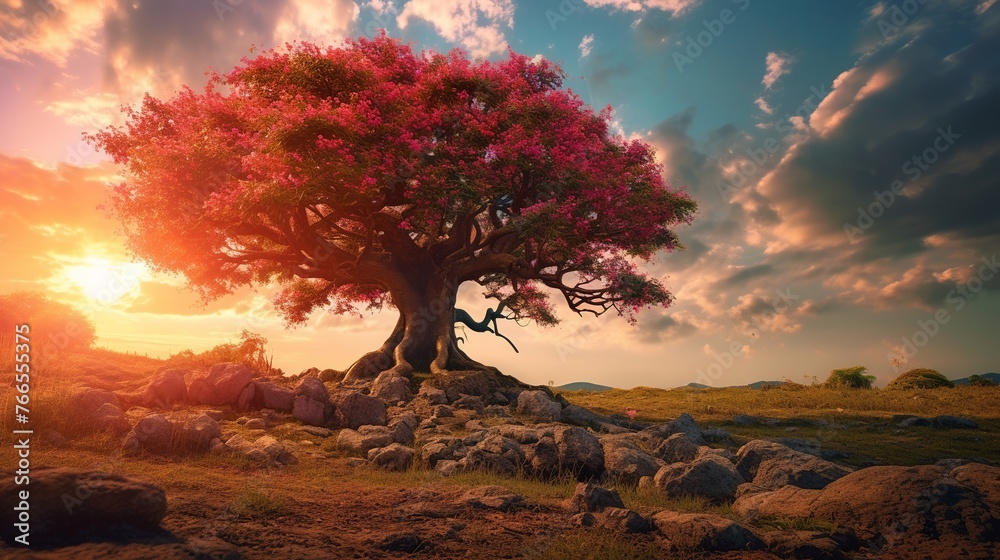 Beautiful tree in the meadow at sunset Beautiful tree in the meadow at sunset