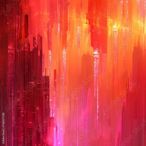 Wallpaper with a digital glitch effect merging seamlessly into sunset hues, decorated with ice crystals and the spectacle of a fireworks display